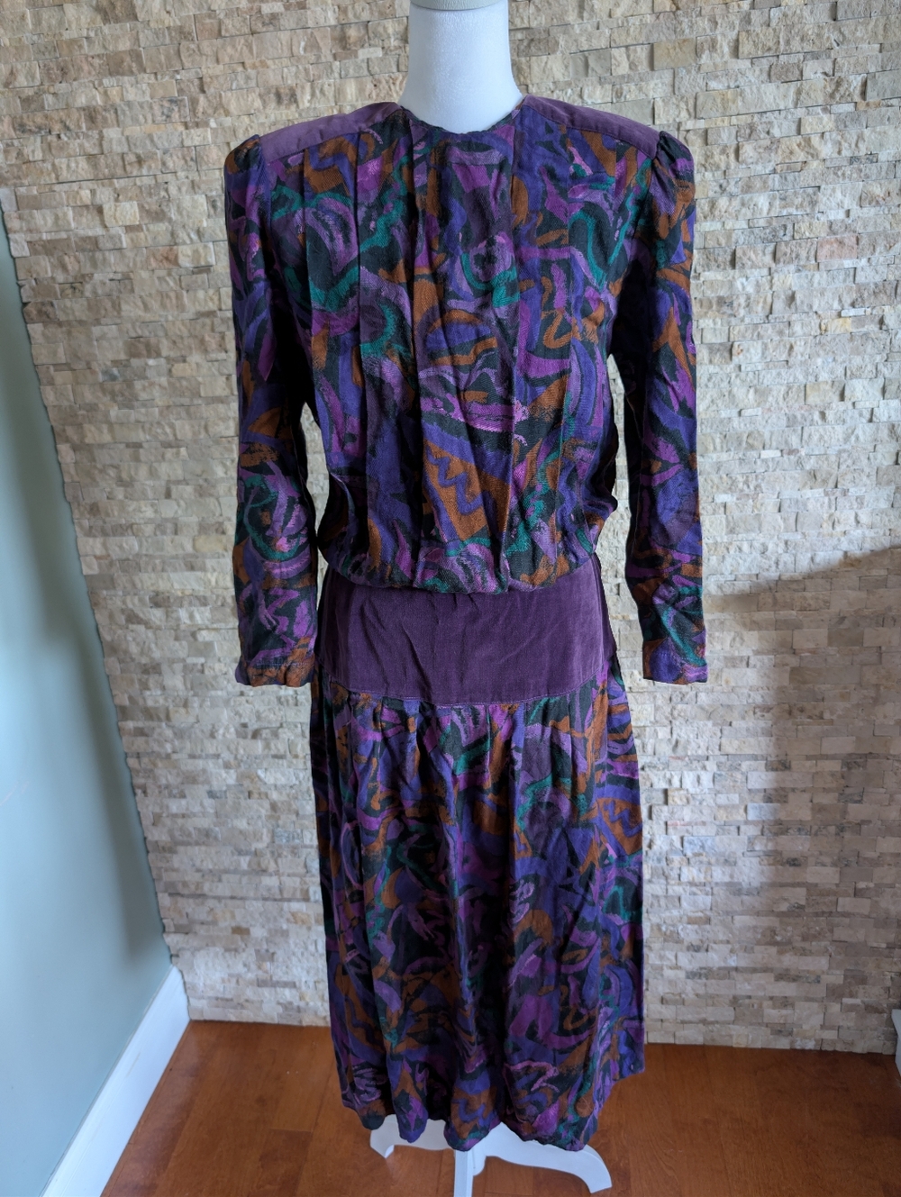 80s Abstract Geometric Print Midi Dress Purple Teal Rayon Wool Shoulder Pads M